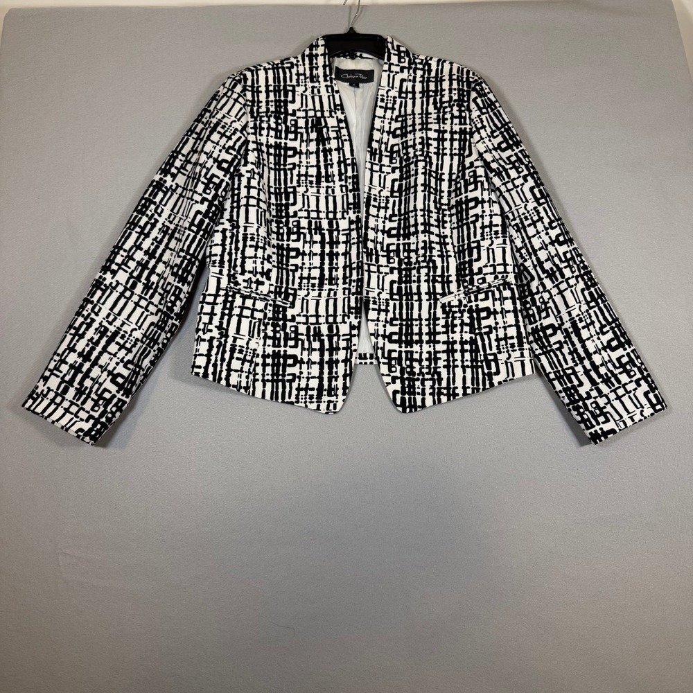 Chelsea Rose Womens Black White Abstract Grid Open Front Blazer Jacket 16